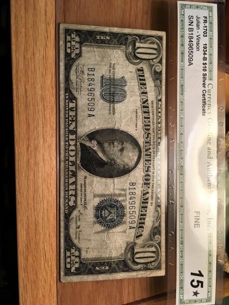 $10 Silver Certificate 1934 B. CGA graded Fine…