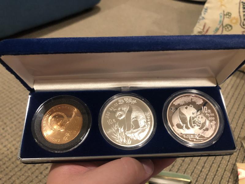 1993 china panda set. two 1oz silver, one red copper