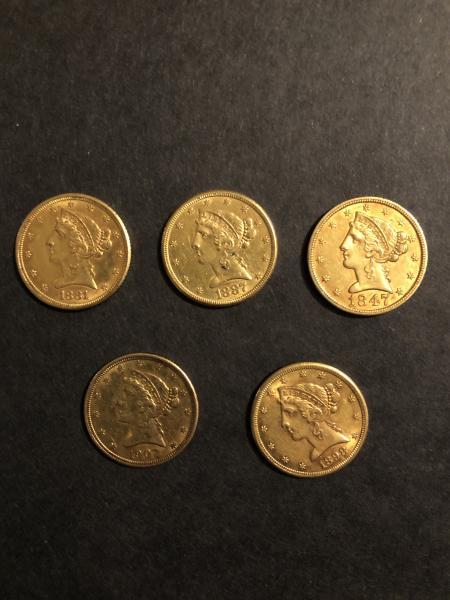 (5) $5 gold Liberty coins