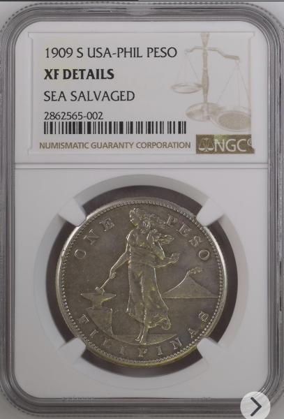 1909 S USA-PHIL PESO XF DETAILS 'SEA SALVAGED'