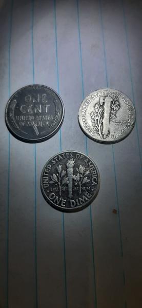 1943 steel penny , 1942 mercury dime, 1948…