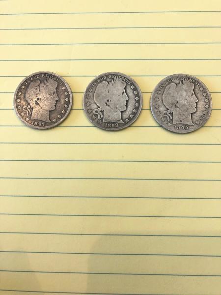 three half dollar coins 1897, 1898 and 1905
