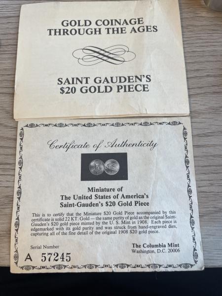 Miniature 1908 Saint-Gauden’s $20 22 k Gold Piece. Certificate of&hellip;