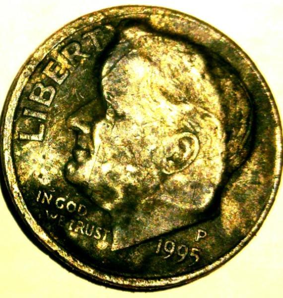 1995 p dime weird head roosevelt dime