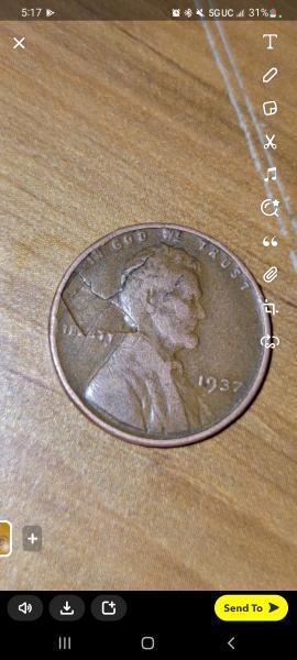 1937 no mint wheat penny. A large chip…