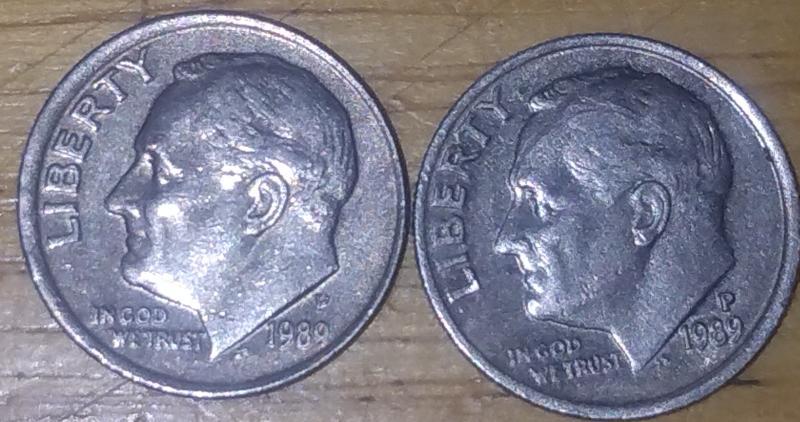 Double die dime on right