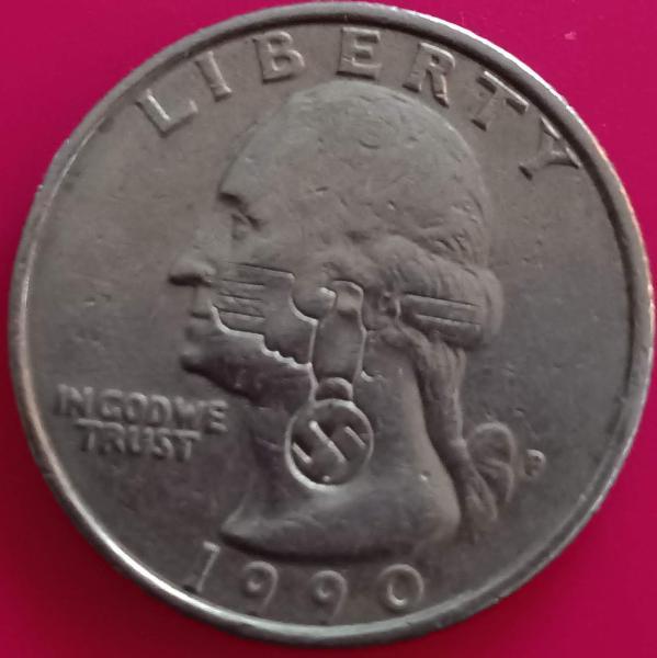 A1990 Us quarter with a swastika design.