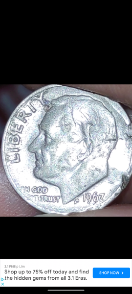 1967 dime. Has multiple errors on front. Near ear. Lines&hellip;