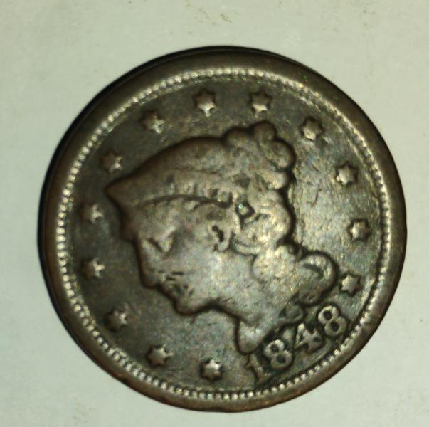 1848 large braided one cent copper