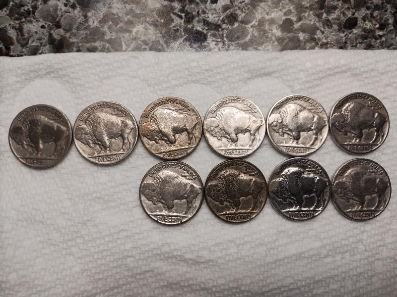 Buffalo nickels ranging from 1928 to 1938
