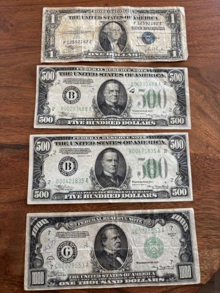 1. one dollar bill-silver cert 2. 2-500 dollar…