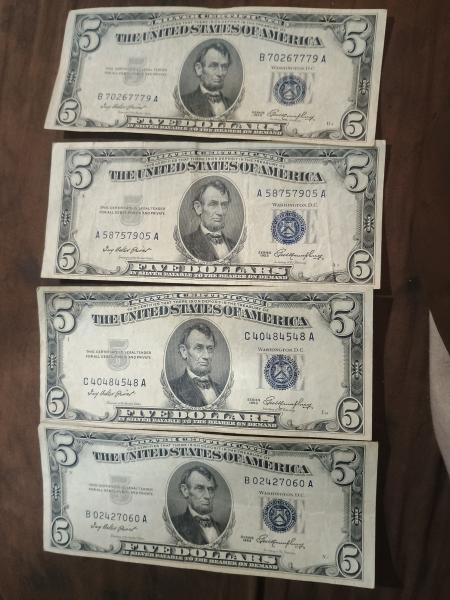 4 1953 $5 silver certificates blue seal