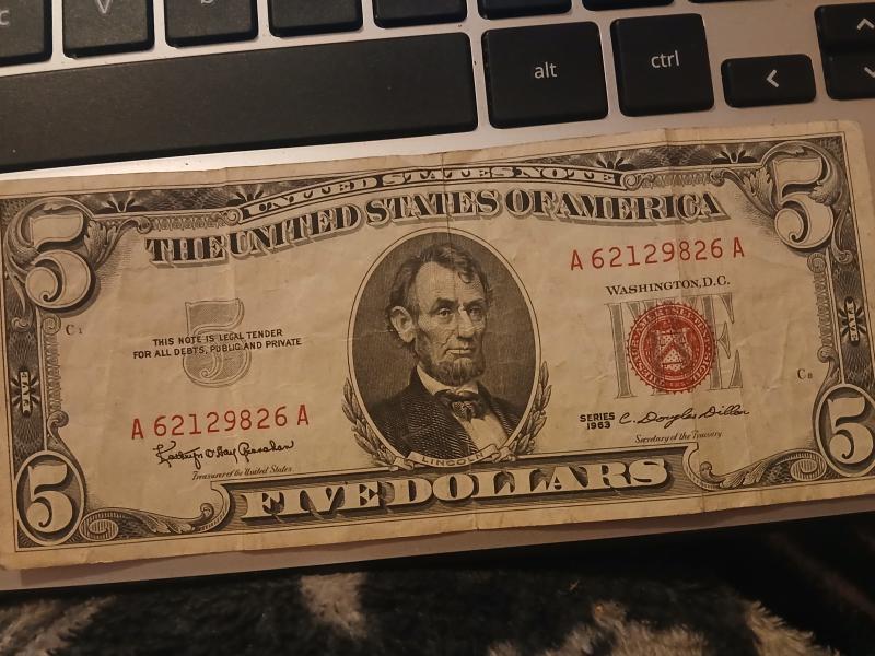 1963 OF 5 dollar red seal A62129826A
