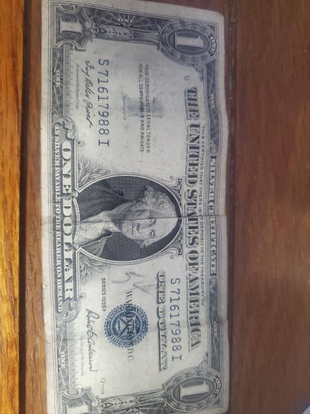 One dollar silver certificate with blue stamp from&hellip;
